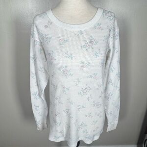 Vintage 80s-90s Valentines Size XL Rose Floral White Thermal Waffle Knit Top